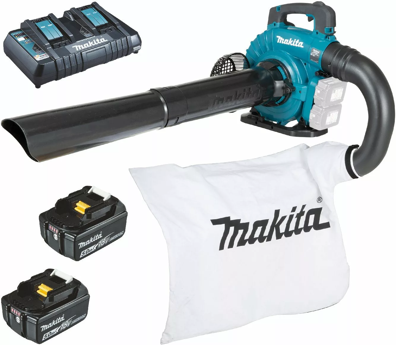 Makita Akku-Laubbläser und -sauger DUB363PT2V mit 2 x 5 Ah Akku und Doppel-Ladegerät - Modell 2025-Neu